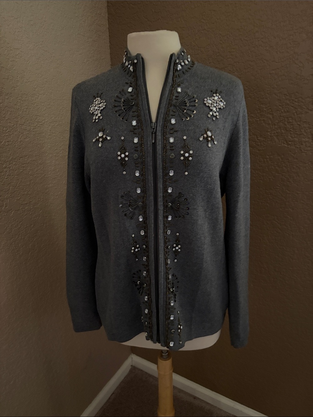 Chico's Gray Embellished Zip-Up Sweater Cardigan New Gorgeous size M